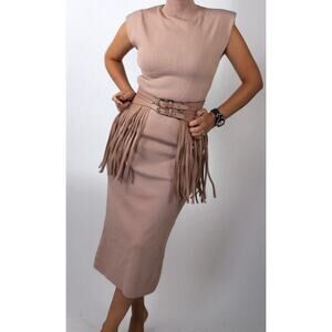 BCBG Max Azria Fringe Belt Small Faux Leather Fringe Belted Skirt Overlay Nude